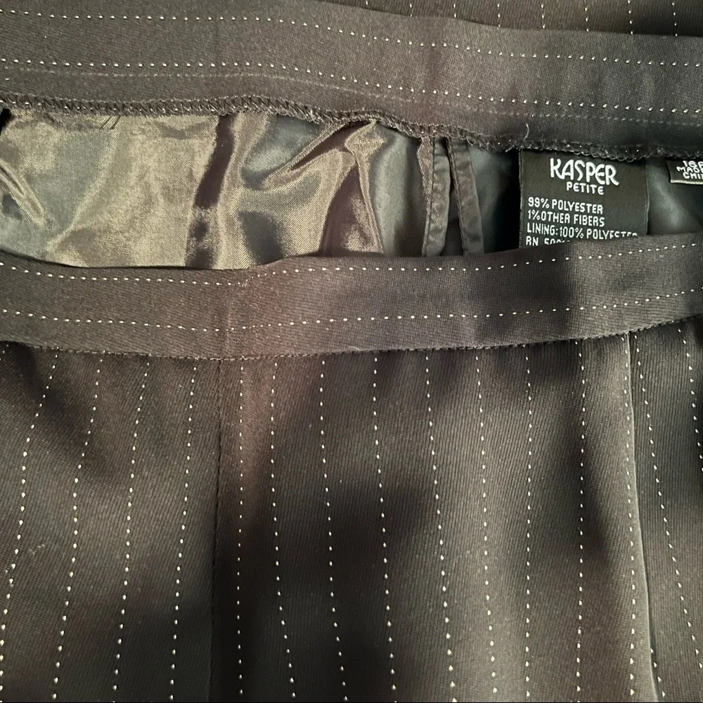 Kasper 16P, pinstripes Black pant. Side button zip latch hook closure. Lined.